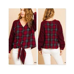 Umgee Womens Plaid  Top Size XL V-Neck Long Sleeve Tie Front Shirt #0119